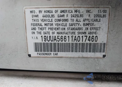 2001 Acura 3.2Tl из США, поврежденный, VIN 19UUA56611A017460